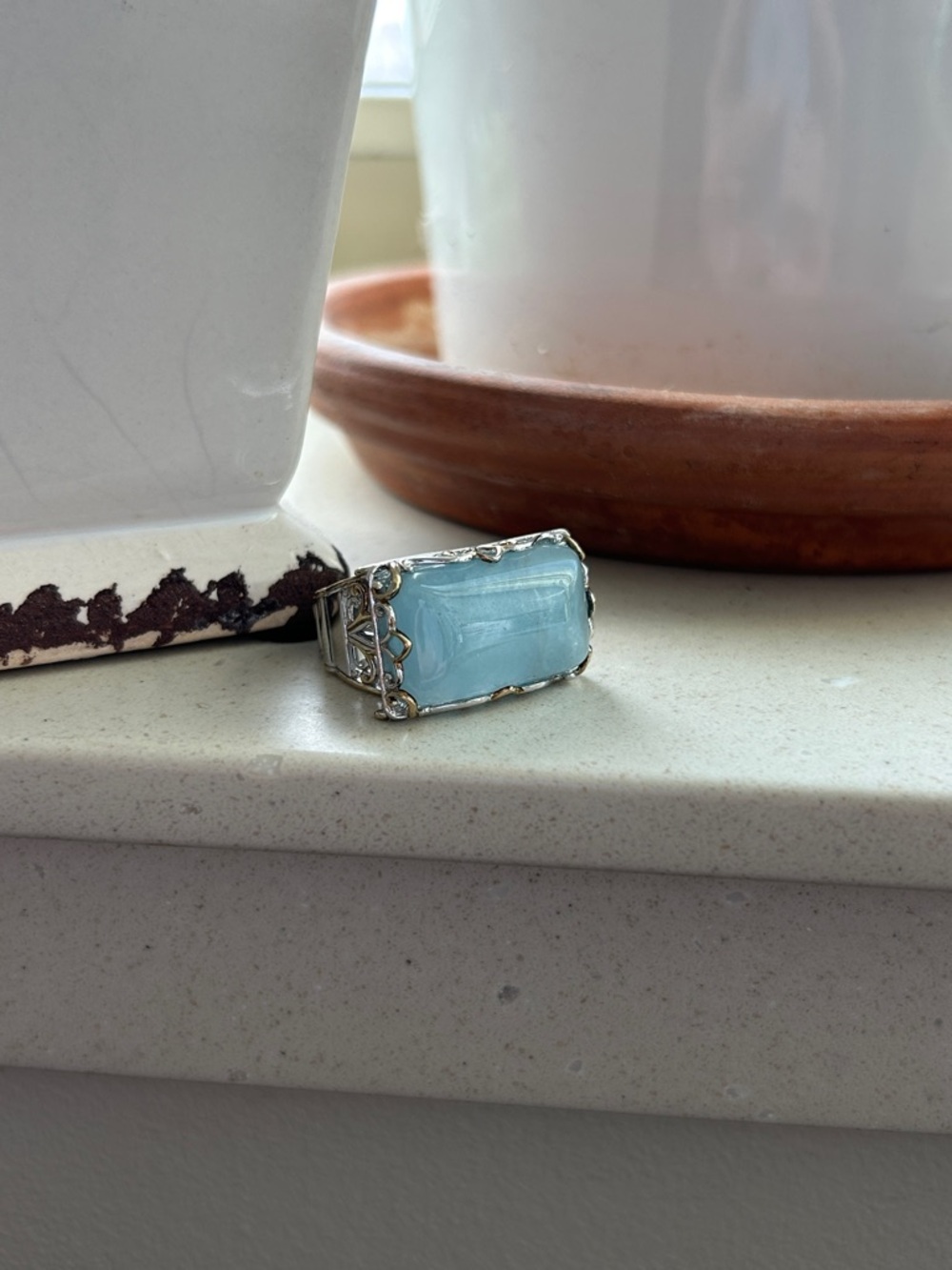 Aquamarine Rectangular Gemstone East West Two Tone Ring